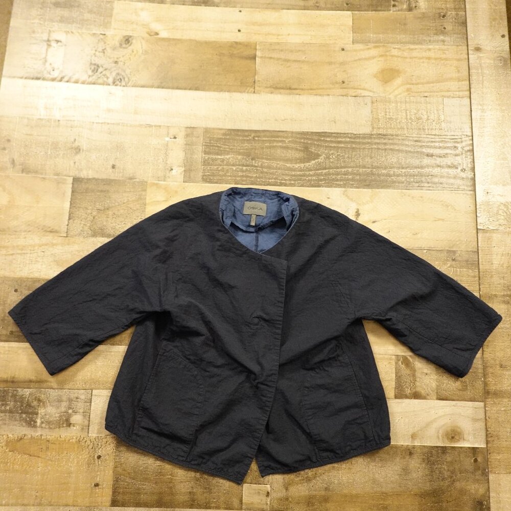 OSKA Jacket‎ Women’s Size 1 Navy Blue Asymmetric Snap Front Minimalist
